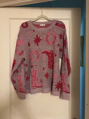 entro Pink & Red Western Motif Crewneck Sweater